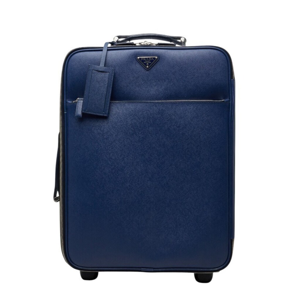 Prada Triangle Plate Saffiano Carry on Suitcase Blue Leather